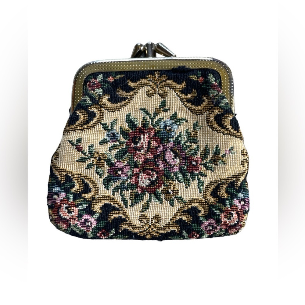 Vintage Embroidered Floral Tapestry Double Sided Coin Purse With Kiss Lock Clasp